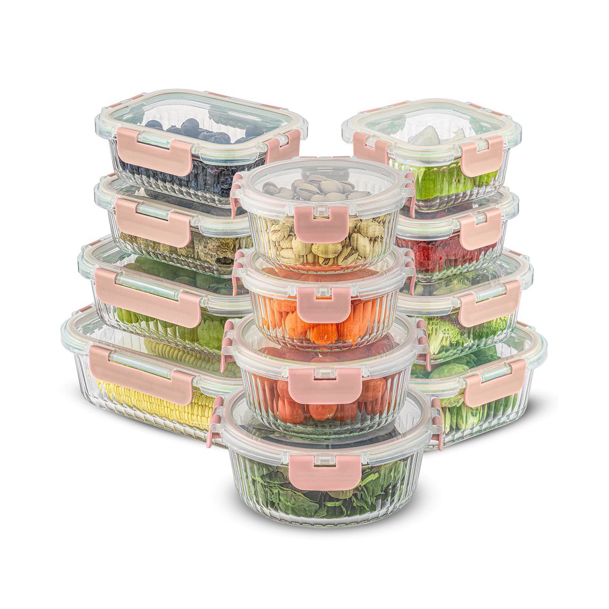 JoyJolt 24 Piece Fluted Glass Food Storage Containers with Leakproof Lids Set - Black