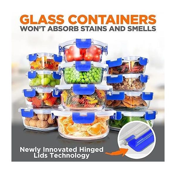 SereneLife 24-Piece Food Storage Containers - Superior Glass Food Storage Set, Blue