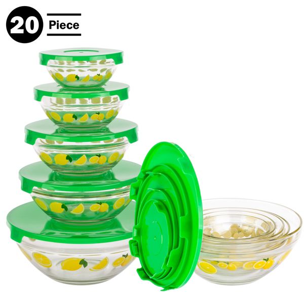 Classic Cuisine 20-Piece Lemon Design Glass Bowls with Lids Set