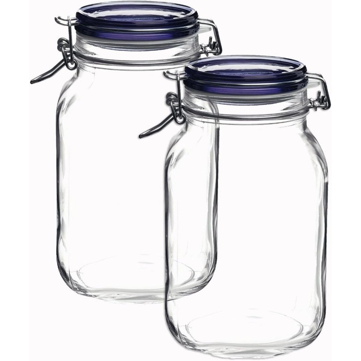 Bormioli Rocco Fido Glass Canning Jars, Airtight Storage Containers with Blue Lids – 50.75 oz Clamp Lock Canisters – Italian Made Glass (Set of 2)