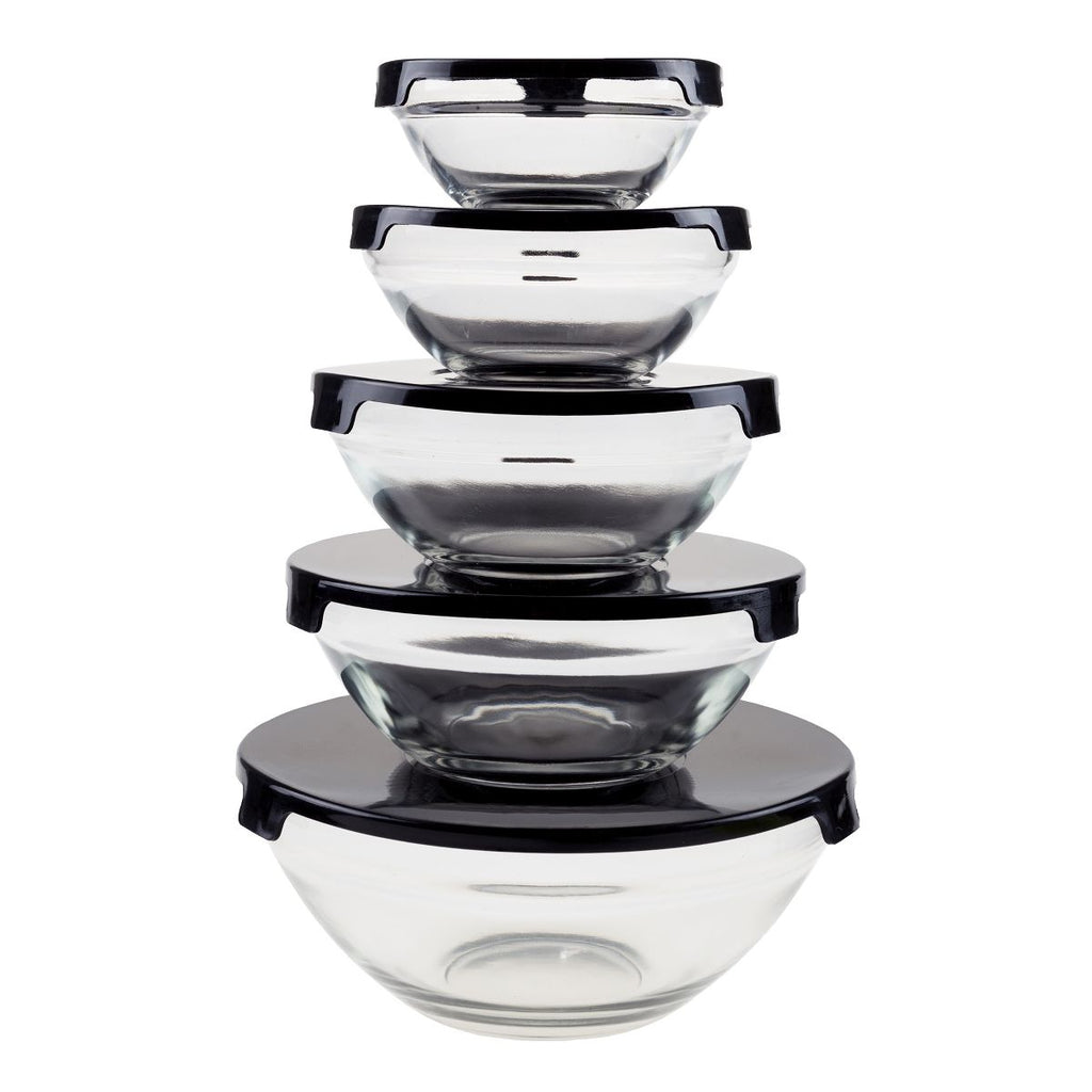 Glass Food Storage Containers with Snap Lids- 10 Piece Set with Multiple Bowl Sizes for Storage, Meal Prep, Mixing and Serving (Black)