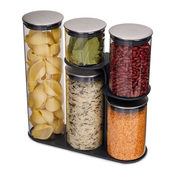 Joseph Joseph Podium 5pc Glass Storage Jar Set with Stand: Borosilicate Glass, Airtight Lids, Stackable