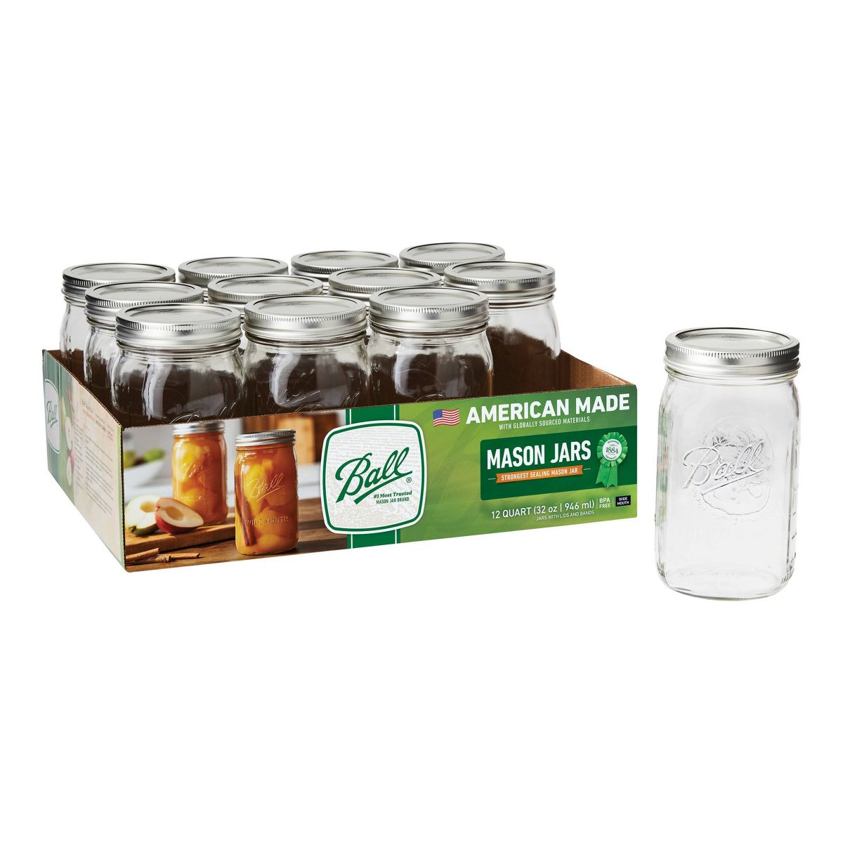 Ball 32oz 12pk Glass Wide Mouth Mason Jar with Lid and Band