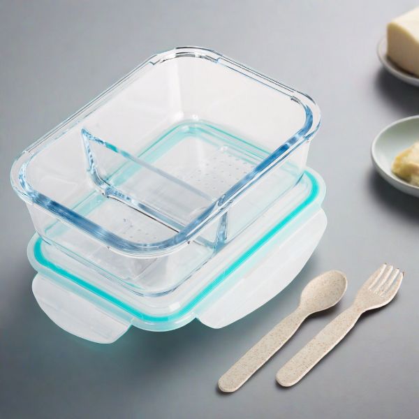 Lexi Home 2-Compartment 35 oz. Glass Meal Prep Container with Utensils