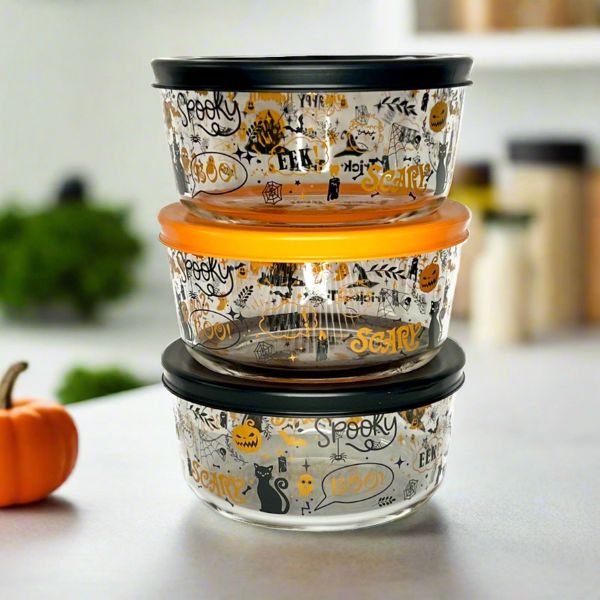 Dura Culina® Halloween Glass Food Round Stackable Storage Sets (2 Cup Size, 3 Containers + 3 Lids)