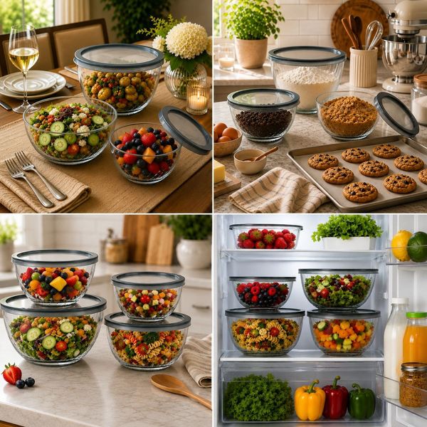 Sorbus 4-Piece Glass Bowl Set with Airtight Plastic Lids – Nesting Mixing & Storage Bowls, BPA-Free, Microwave, Dishwasher & Freezer Safe