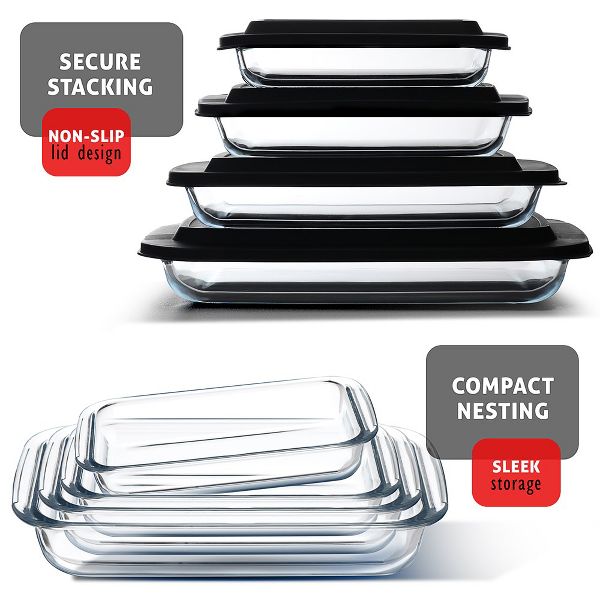 Joytable 4-Pack Baking Pans Set, Glass Food Storage Containers with Lids, Glass Baking Dishes for Oven - Black