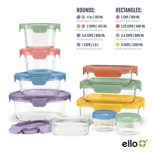 Ello 20pc Color Lock Mixed Food Storage Container Set: Glass & Polypropylene, Multicolored, Microwave & Oven-Safe