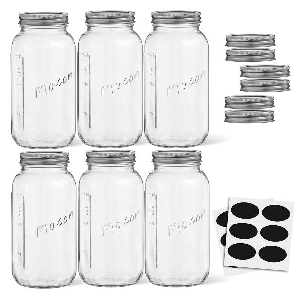 JoyJolt Regular Mason Jars with Airtight Lids, Labels and Measures - 32 oz - Set of 6