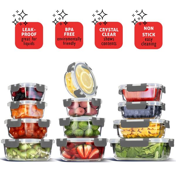 JoyTable 12-Pack Glass Food Storage Containers with Lids, Reusable Glass Food Containers with Leakproof Snap Lock Lids