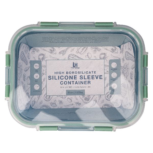 Lexi Home 35 oz. Rectangular Glass Food Storage Container with Snap-Lock Lid & Sage Silicone Sleeve