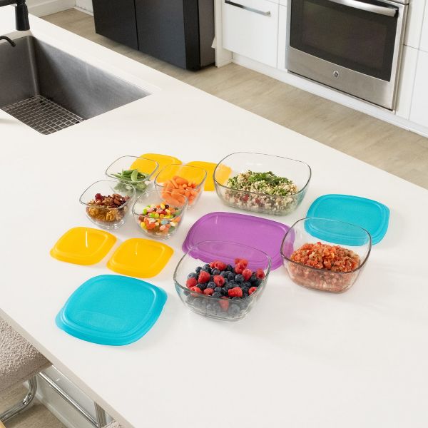 Libbey Serve It 14 Piece Glass Storage Container Set with 2 Cup, 6 Cup, and 8 Cup Bowls and Multi Color Lids