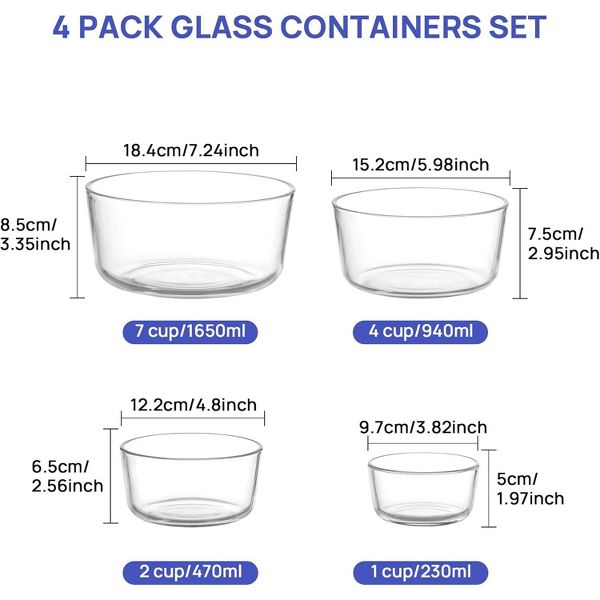 Vtopmart 4 Pack Glass Food Storage Containers Bowls with Lids, for Meal Prep and Leftovers Keeper, Lunch, Microwave, Dishwasher & Freezer Safe