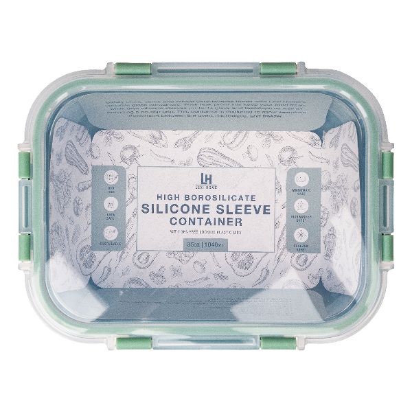 Lexi Home 35 oz. Rectangular Glass Food Storage Container with Snap-Lock Lid & Sage Silicone Sleeve