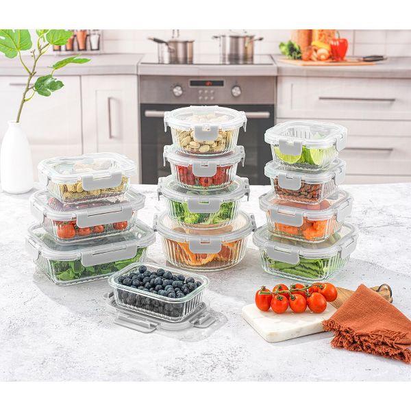 JoyJolt 24 Piece Fluted Glass Food Storage Containers with Leakproof Lids Set - Black