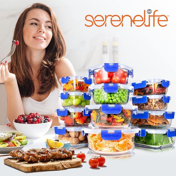 SereneLife 24-Piece High Borosilicate Glass Food Storage Containers Set (SLGL24BL.5)