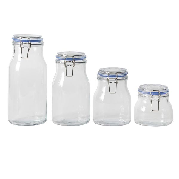 Sur La Table Lyon Court 4-Piece Glass Canister Set, Food Storage with Airtight Trigger Clamp Lids – 71 oz, 54 oz, 37 oz & 22.5 oz, Dishwasher Safe