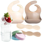 12pc Glass Baby Food Storage Jars, 4 Silicone Baby Spoons & 2 Silicone Bibs, Baby Mealtime Essentials – BPA-Free, Leakproof, and Dishwasher Safe