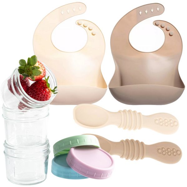 12pc Glass Baby Food Storage Jars, 4 Silicone Baby Spoons & 2 Silicone Bibs, Baby Mealtime Essentials – BPA-Free, Leakproof, and Dishwasher Safe