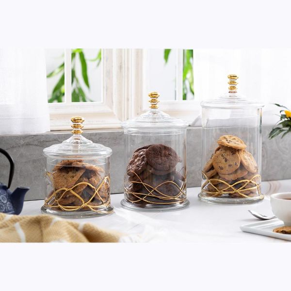 Classic Touch Large Vivid 90 OZ Glass Canister Jar With Lid - 14K Gold Swirl Design