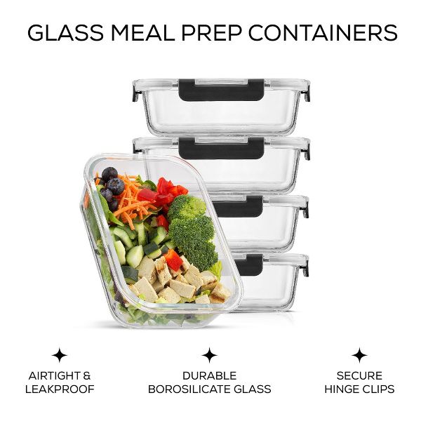 JoyJolt Glass Food Storage Containers with Airtight Lids - Set of 5 - Black