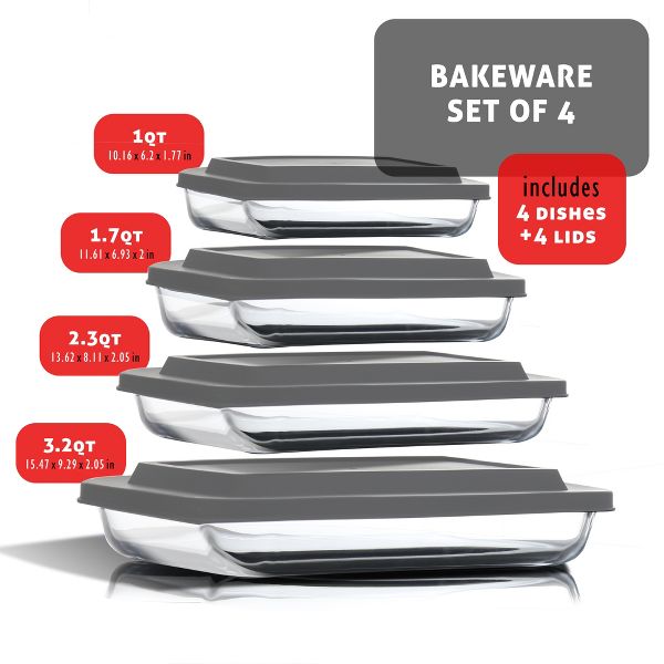 Joytable 4-Pack Baking Pans Set, Glass Food Storage Containers with Lids, Glass Baking Dishes for Oven - Black