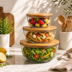 Sorbus Glass Mixing Bowl Set with Bamboo Lids, 3-Piece Airtight Food Storage Bowls, Clear Glass Bowls for Mixing, Serving & Meal Prep