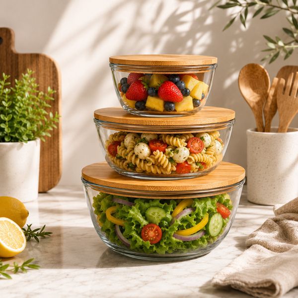 Sorbus Glass Mixing Bowl Set with Bamboo Lids, 3-Piece Airtight Food Storage Bowls, Clear Glass Bowls for Mixing, Serving & Meal Prep