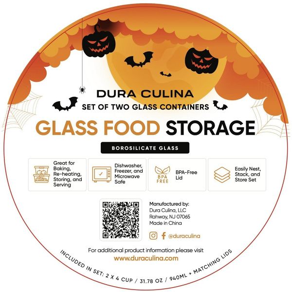 Dura Culina® Halloween Glass Food Round Stackable Storage Sets (2 Cup Size, 3 Containers + 3 Lids)