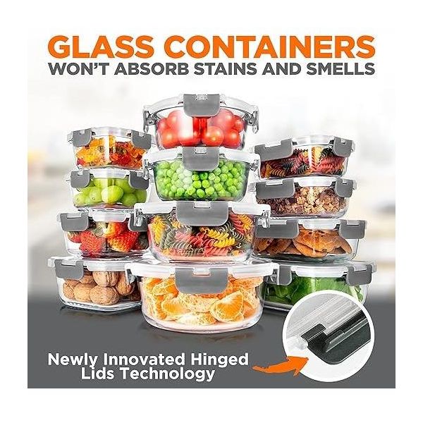 SereneLife 24-Piece Food Glass Storage Containers - Superior Glass Food Storage Set, Gray
