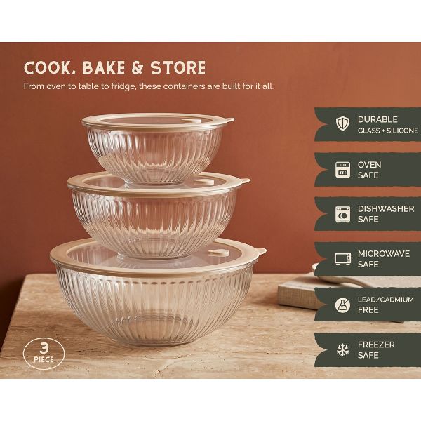Vase & Vessel Glass Mixing Bowls with Glass Lids, Non-Toxic, Set of 3