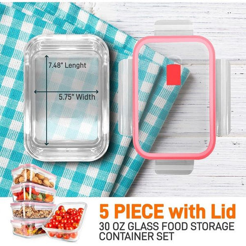 NutriChef 10-Piece Superior Glass Food Storage Containers Set - Stackable Design - Red