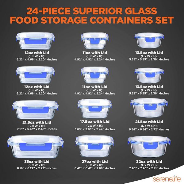 SereneLife 24-Piece High Borosilicate Glass Food Storage Containers Set (SLGL24BL.5)