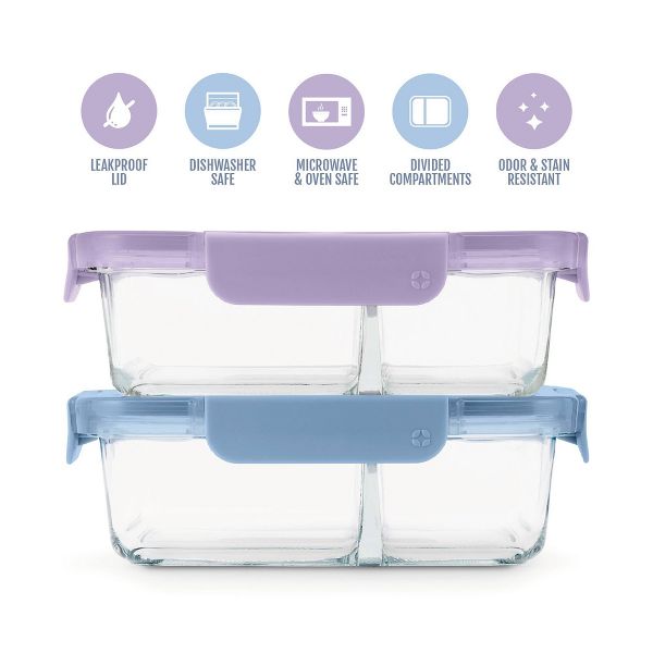 Ello Color Lock Glass 3.4c 2pk Divided Meal Prep Food Storage Container Set Purple/Blue