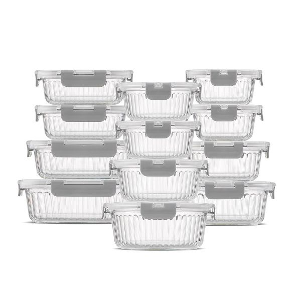 JoyJolt 24 Piece Fluted Glass Food Storage Containers with Leakproof Lids Set - Black