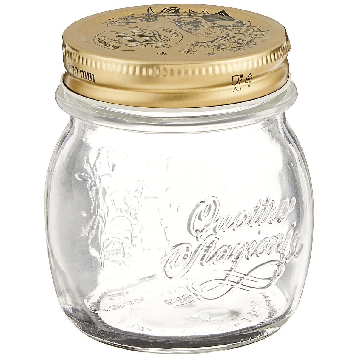 Bormioli Rocco Quattro Stagioni 67.75oz Mason Jar Glass - Wide Mouth Twist Top, Canister Beehive Embossed Design