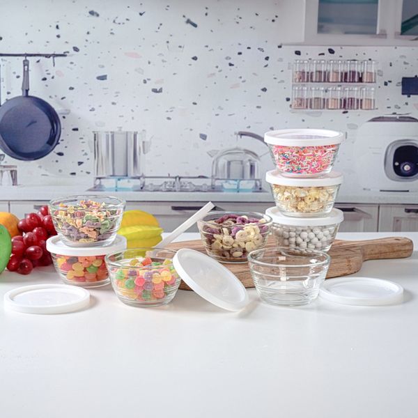 Le'raze 16pc Set of Stackable Small Glass Bowls with Airtight Lids - 8 Clear Mise en Place Food Prep Custard Cups + 8 Lids - 8oz.