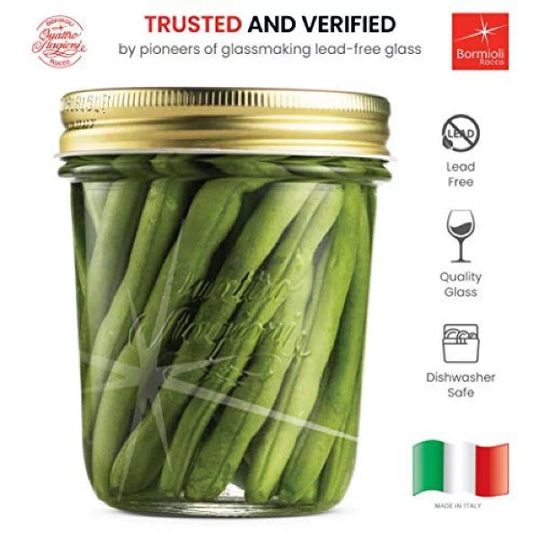 Bormioli Rocco Quattro Stagioni 10.75 oz Glass Preserving Jar Set of 12, Wide‑Mouth Twist‑Top Canister with Airtight Seal, Bee embossed Storage