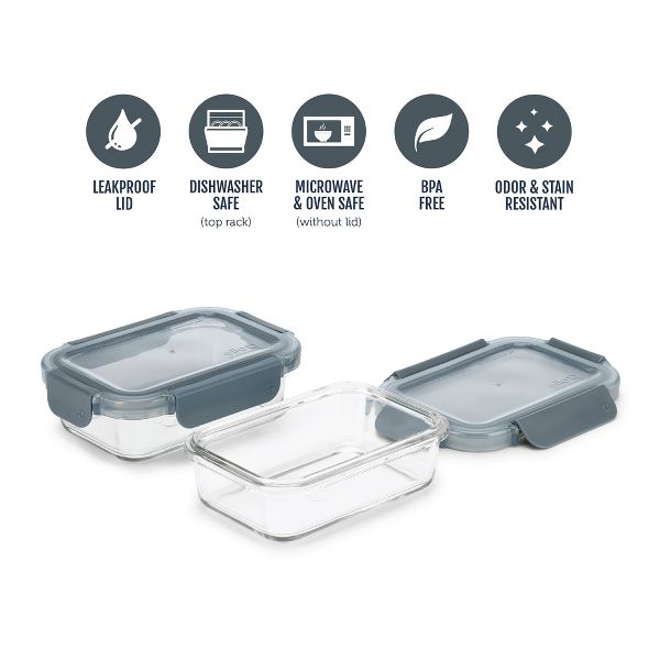 Ello Colorlock 2pk 1.75c Rectangle Glass Food Storage container Set Platinum