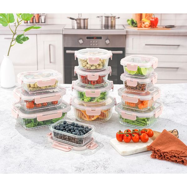 JoyJolt 24 Piece Fluted Glass Food Storage Containers with Leakproof Lids Set - Black