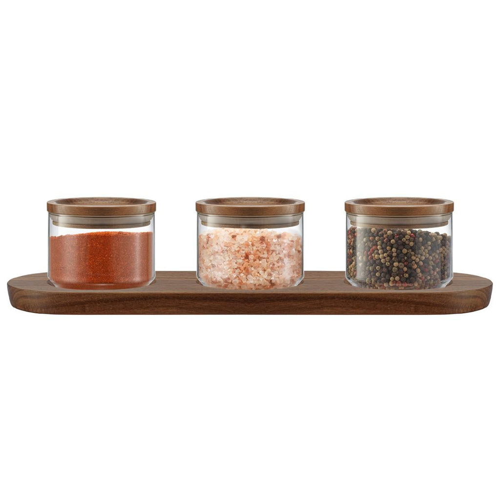 Holden Stackable Glass Storage Canister Set with Wood Lids and Tray- 14oz