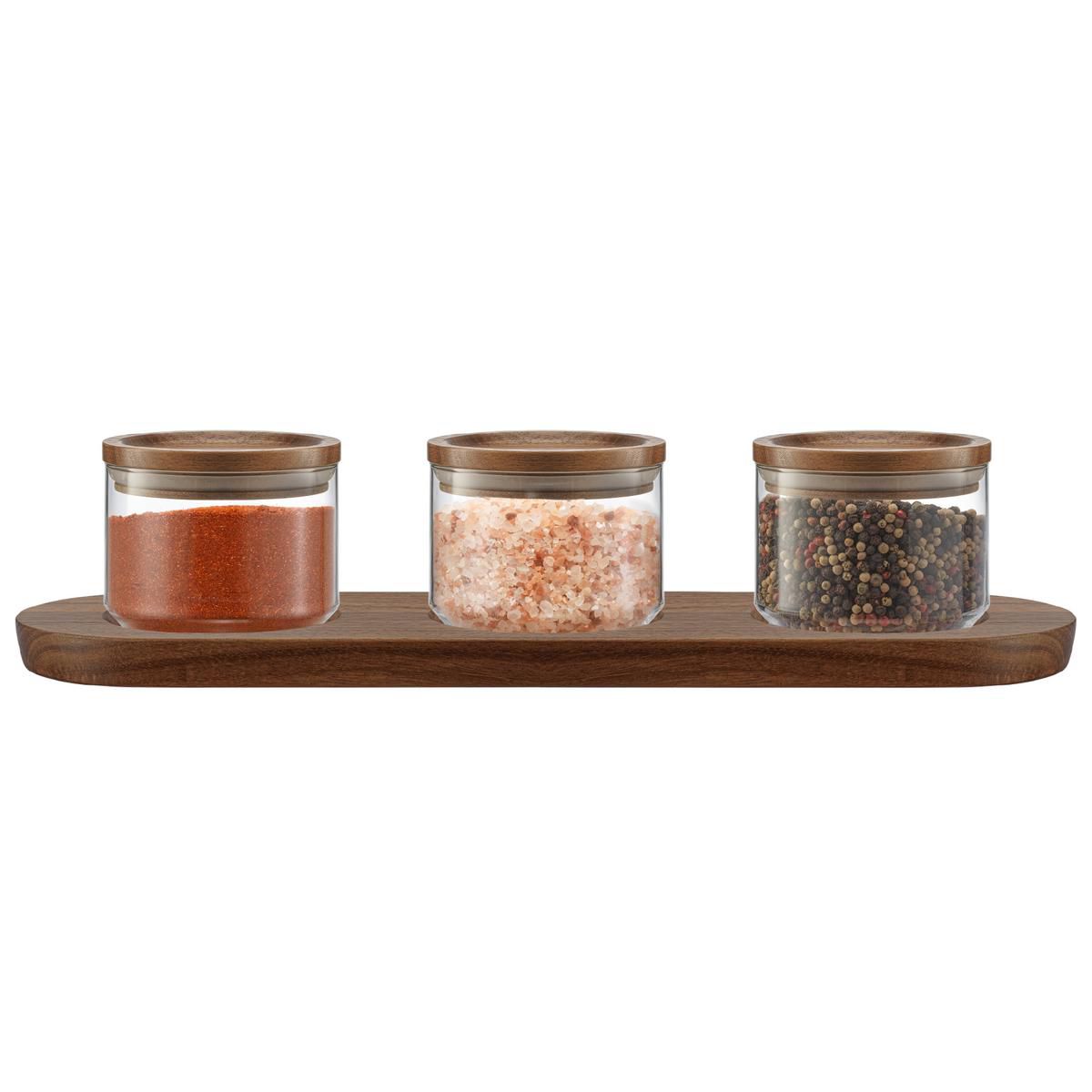 Holden Stackable Glass Storage Canister Set with Wood Lids and Tray- 14oz
