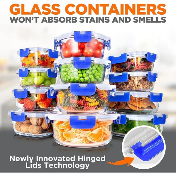SereneLife 24-Piece High Borosilicate Glass Food Storage Containers Set (SLGL24BL.5)