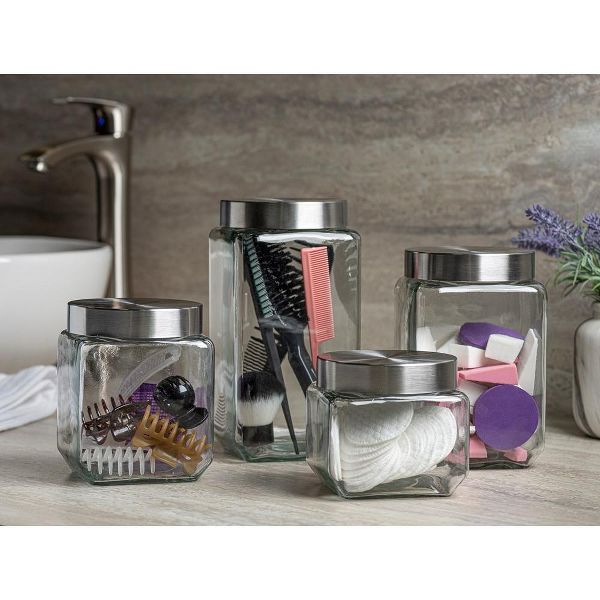 Le'raze 4pc Square Glass Cookie Jars with Airtight Lids + Marker & Labels