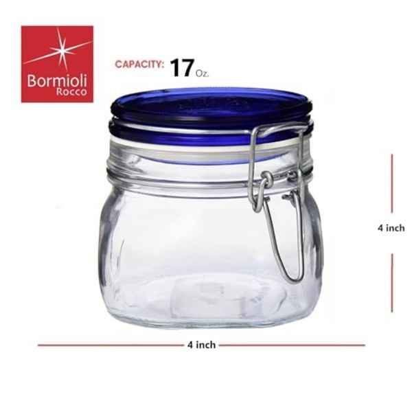 Bormioli Rocco 25.25oz Fido Glass Storage Jar Blue Lid - Airtight Clamp Seal, Italian Made Glass