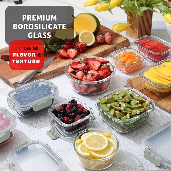 JoyTable 12-Pack Glass Food Storage Containers with Lids, Reusable Glass Food Containers with Leakproof Snap Lock Lids