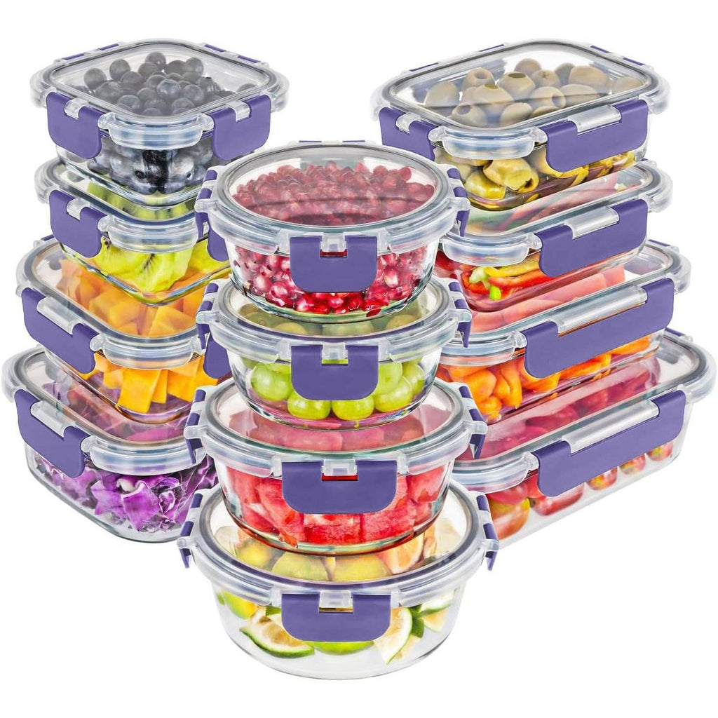 Magic Mill 24pc Glass Food Storage Container Set – Airtight Lids, Dishwasher Safe, BPA-Free, Purple
