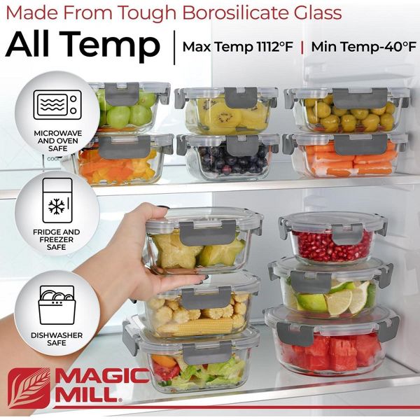 Magic Mill 24pc Glass Food Storage Container Set – 12 Borosilicate Containers, 12 Airtight Lids, Freezer, Oven, Dishwasher Safe, BPA-Free, Gray