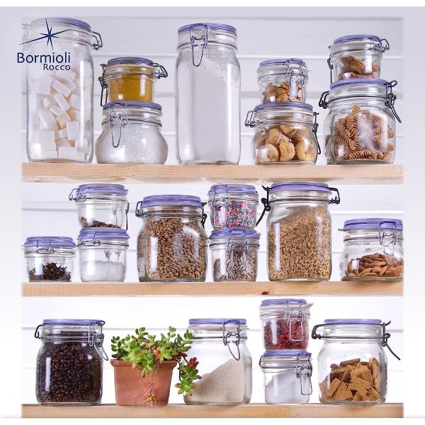 Bormioli Rocco Fido Glass Canning Jars, Airtight Storage Containers with Blue Lids – 50.75 oz Clamp Lock Canisters – Italian Made Glass (Set of 2)