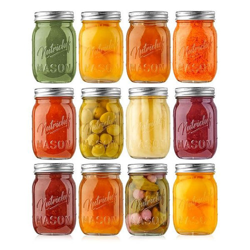 NutriChef 12 Pcs. Glass Mason Jars with Regular Lids and Bands, DIY Magnetic Spice Jars, Ideal for Meal Prep, Jam, Honey, Wedding Favors, and more